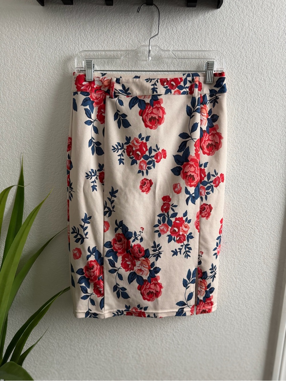 Floral Cream Pencil Skirt with Red & Navy Blooms